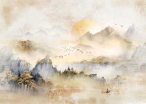 Zenscape, Peaceful Mountainous Retreat at Sunrise Wallpaper Mural