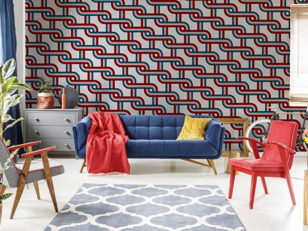 Zyric, Deep Red Woven Chain Curve Geometric Mural
