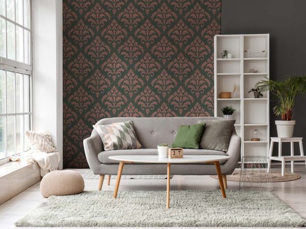Damaky, Muted Olive Green Damask Wallpaper