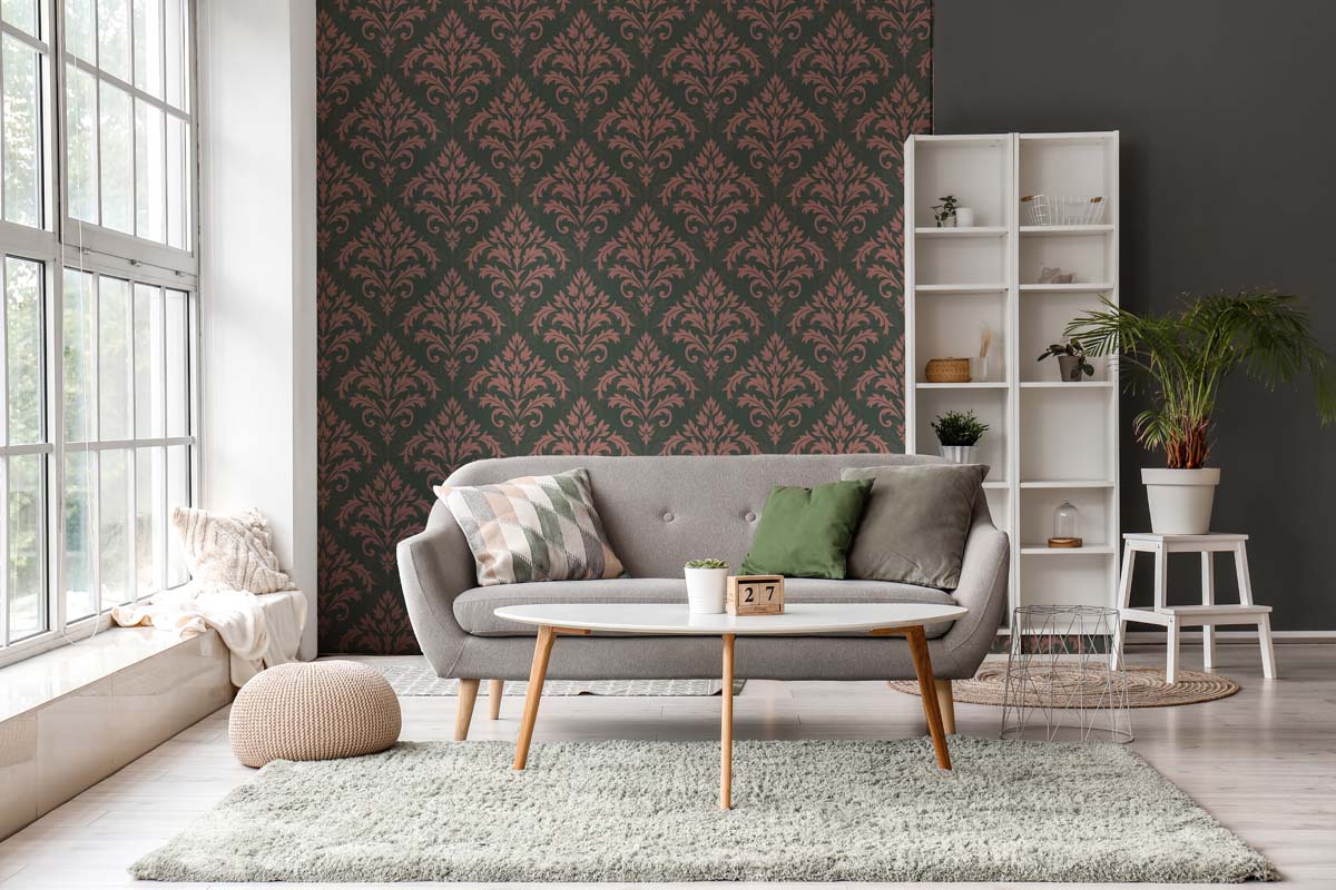 Damaky, Muted Olive Green Damask Wallpaper