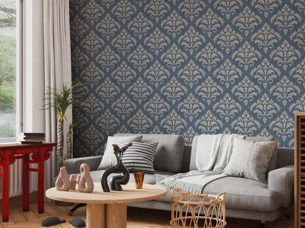 Damaky, Slate Blue Damask Wallpaper
