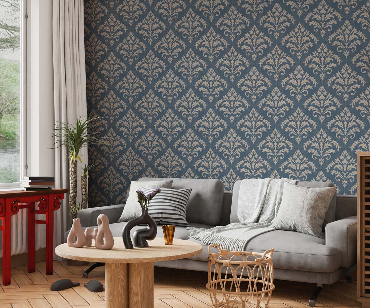 Damaky, Slate Blue Damask Wallpaper