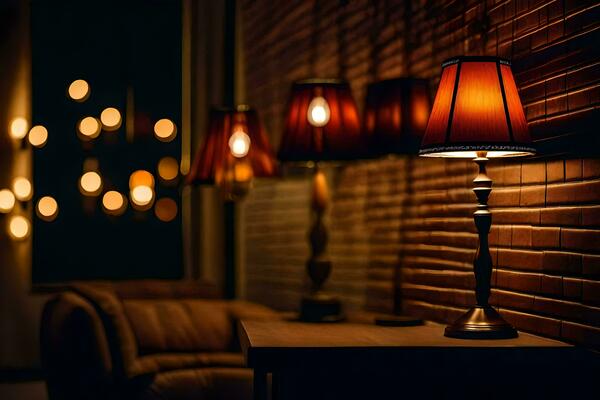 a-lamp-is-sitting-on-a-table-in-front-of-a-brick-wall-