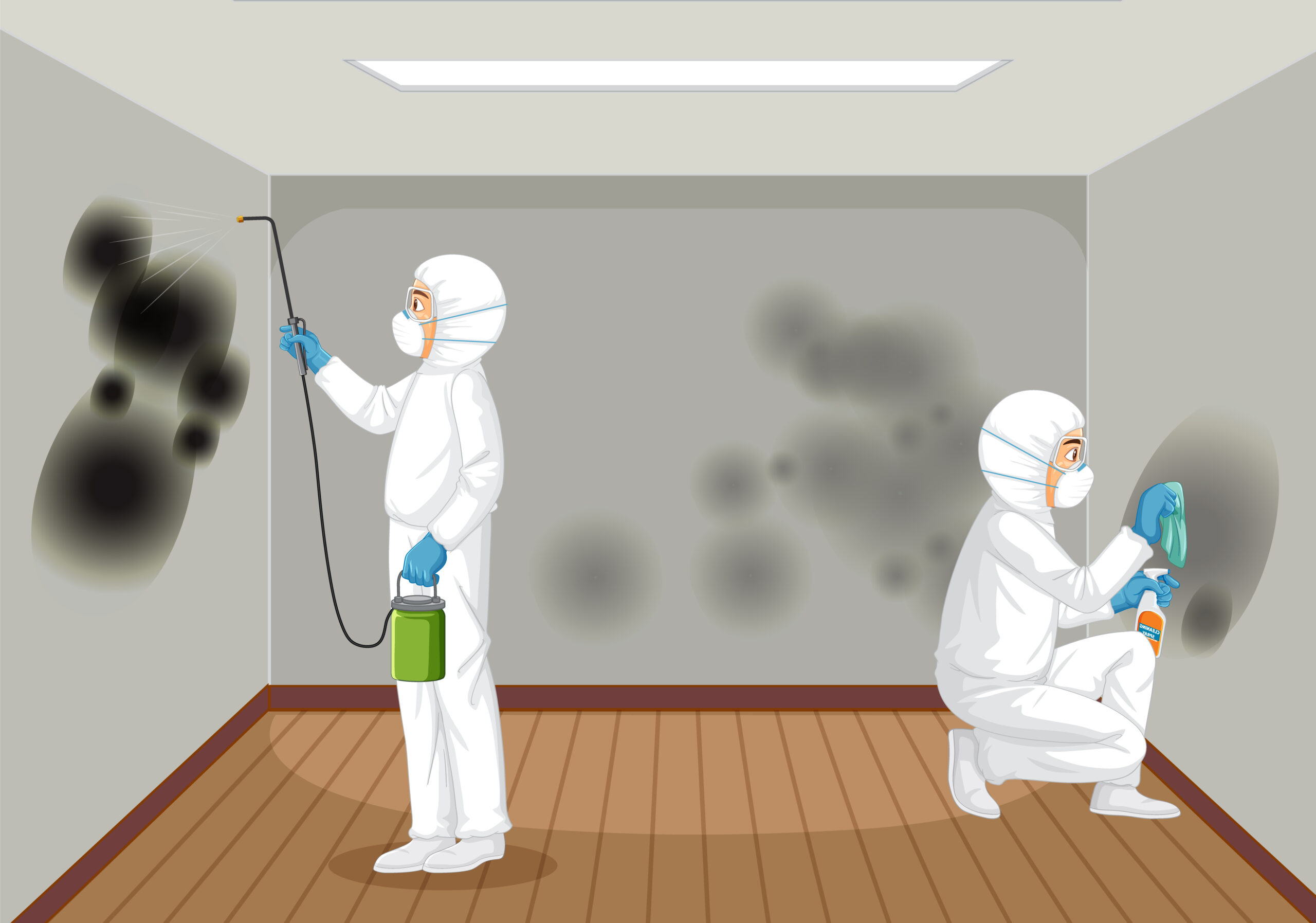 Man in protective hazmat suit cleaning mold on the wall