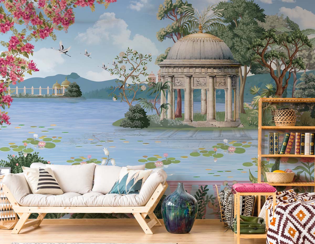 Bougainvillea, Indian Style Lakeside Garden Palace Retreat Wallpaper Mural