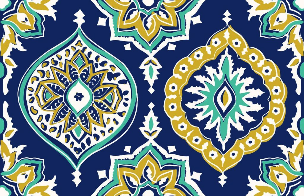 Dreamer, Blue Gold Bohemian Pattern Wallpaper