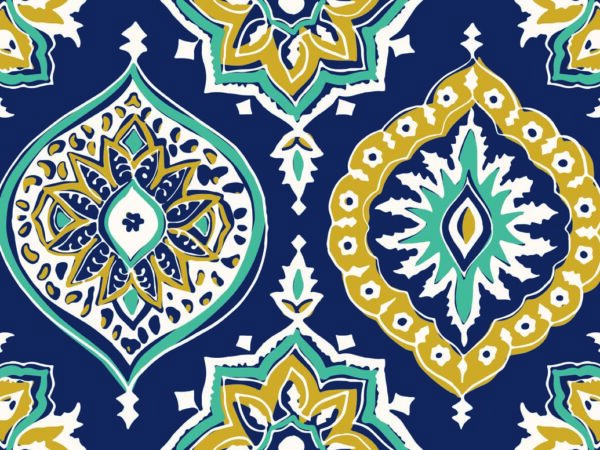 Dreamer, Blue Gold Bohemian Pattern Wallpaper