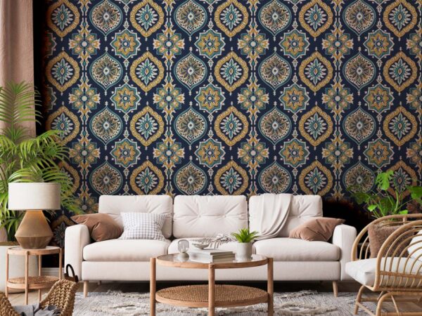 Dreamer, Blue Gold Bohemian Pattern Wallpaper