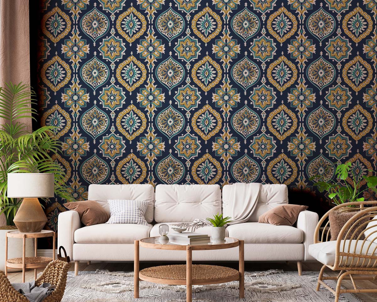 Dreamer, Blue Gold Bohemian Pattern Wallpaper