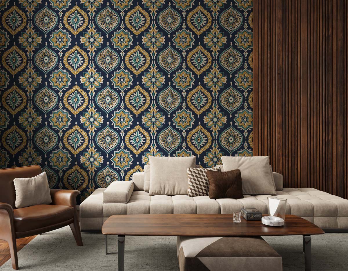 Dreamer, Blue Gold Bohemian Pattern Wallpaper