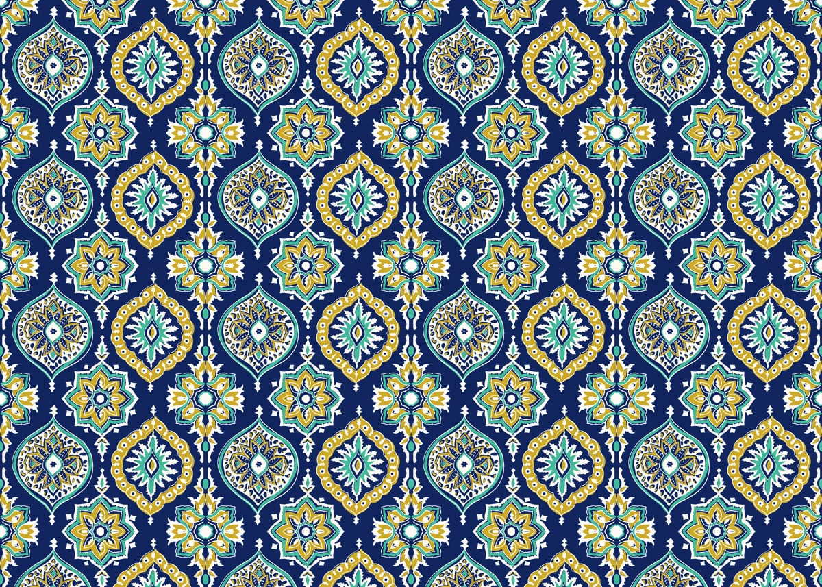 Dreamer, Blue Gold Bohemian Pattern Wallpaper