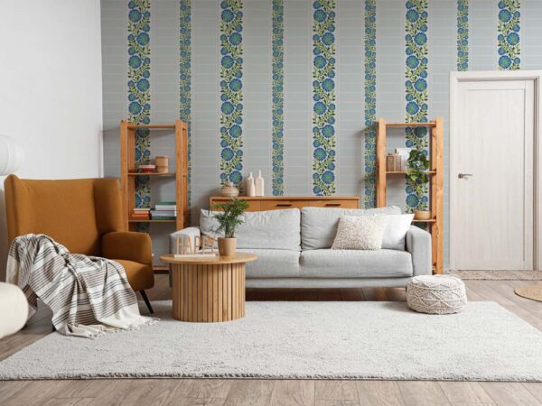 Floraveen, Teal Blossom Stripes Wallpaper