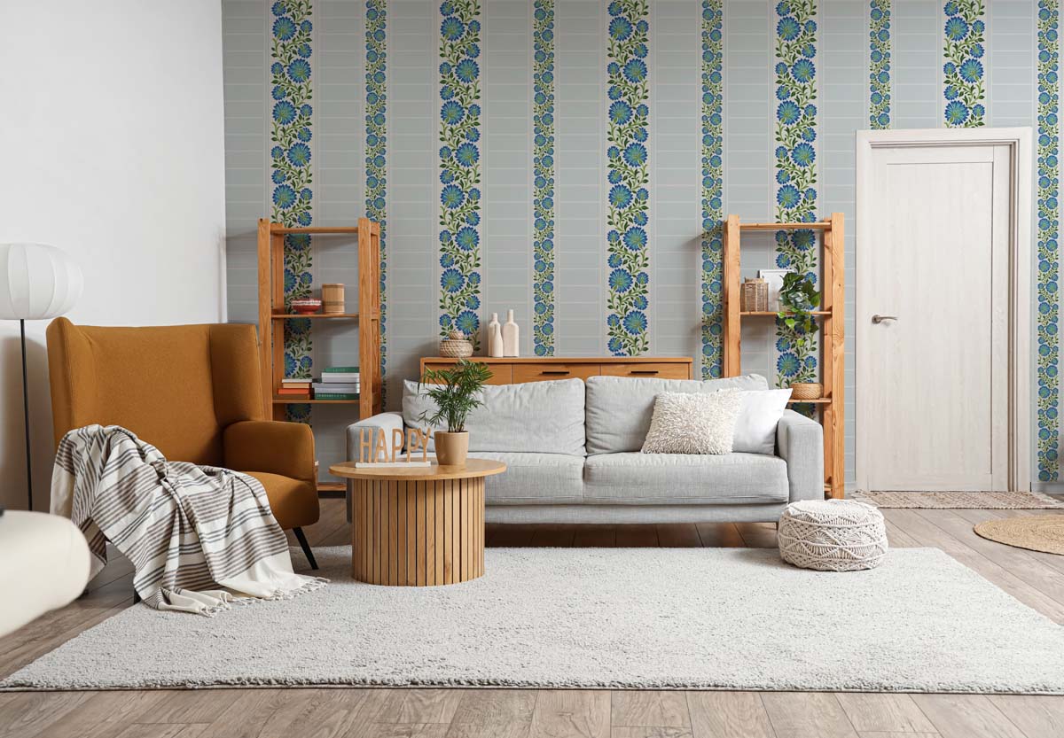 Floraveen, Teal Blossom Stripes Wallpaper