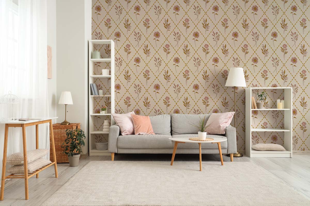 Florisse, Vintage Bloom Grid Floral Wallpaper
