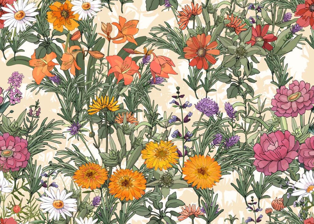 Gardenia, Detailed Cottage Core Floral Motif Wallpaper