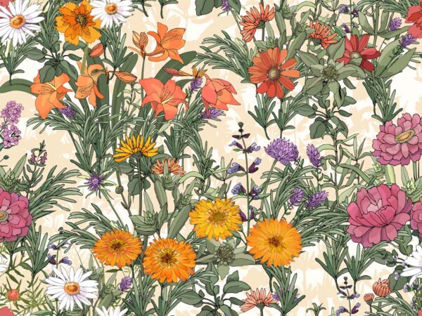 Gardenia, Detailed Cottage Core Floral Motif Wallpaper