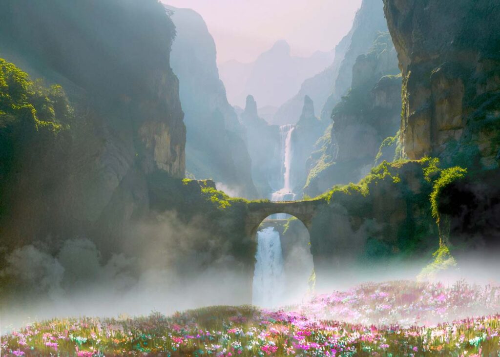 Fairyland, Mystical Grassland Valley with Cascading Waterfalls Mural