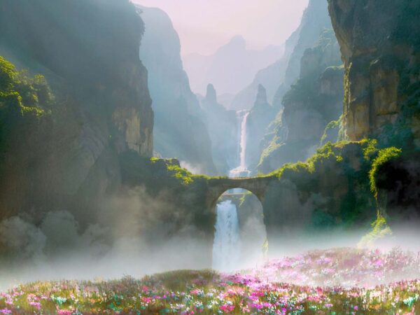Fairyland, Mystical Grassland Valley with Cascading Waterfalls Mural