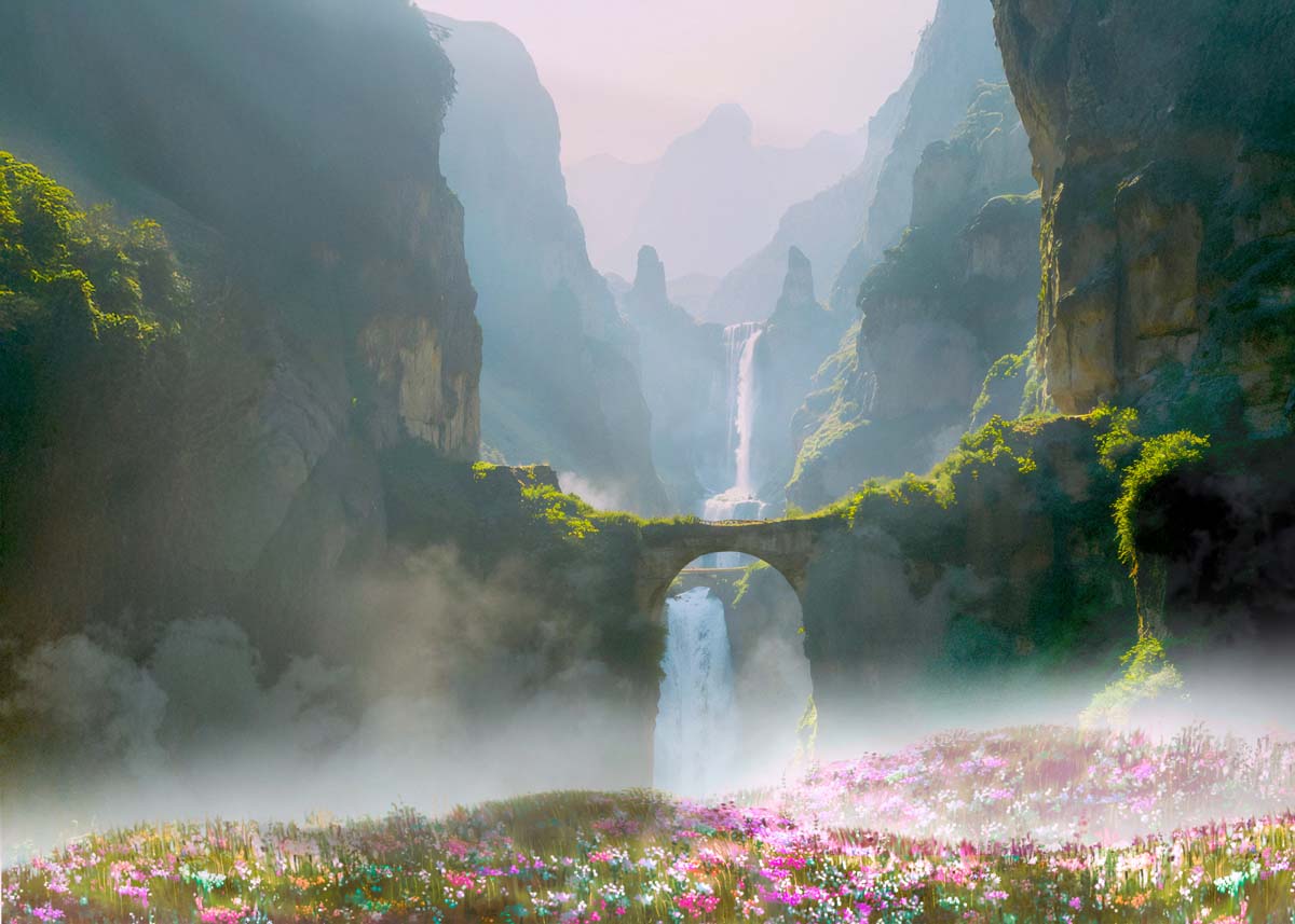 Fairyland, Mystical Grassland Valley with Cascading Waterfalls Mural