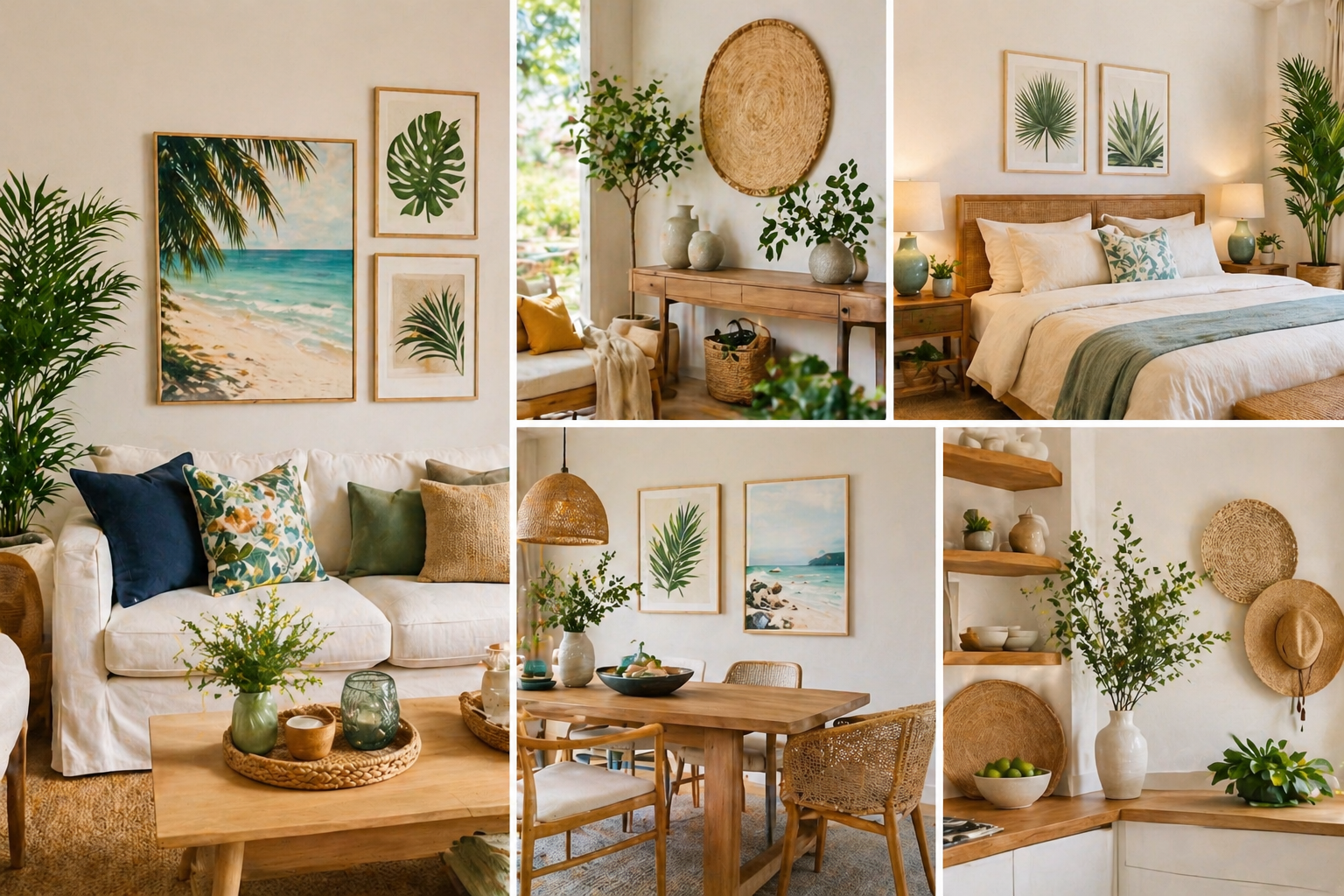 Bright summer home interiors with fresh wall decor, plants, and natural textures.