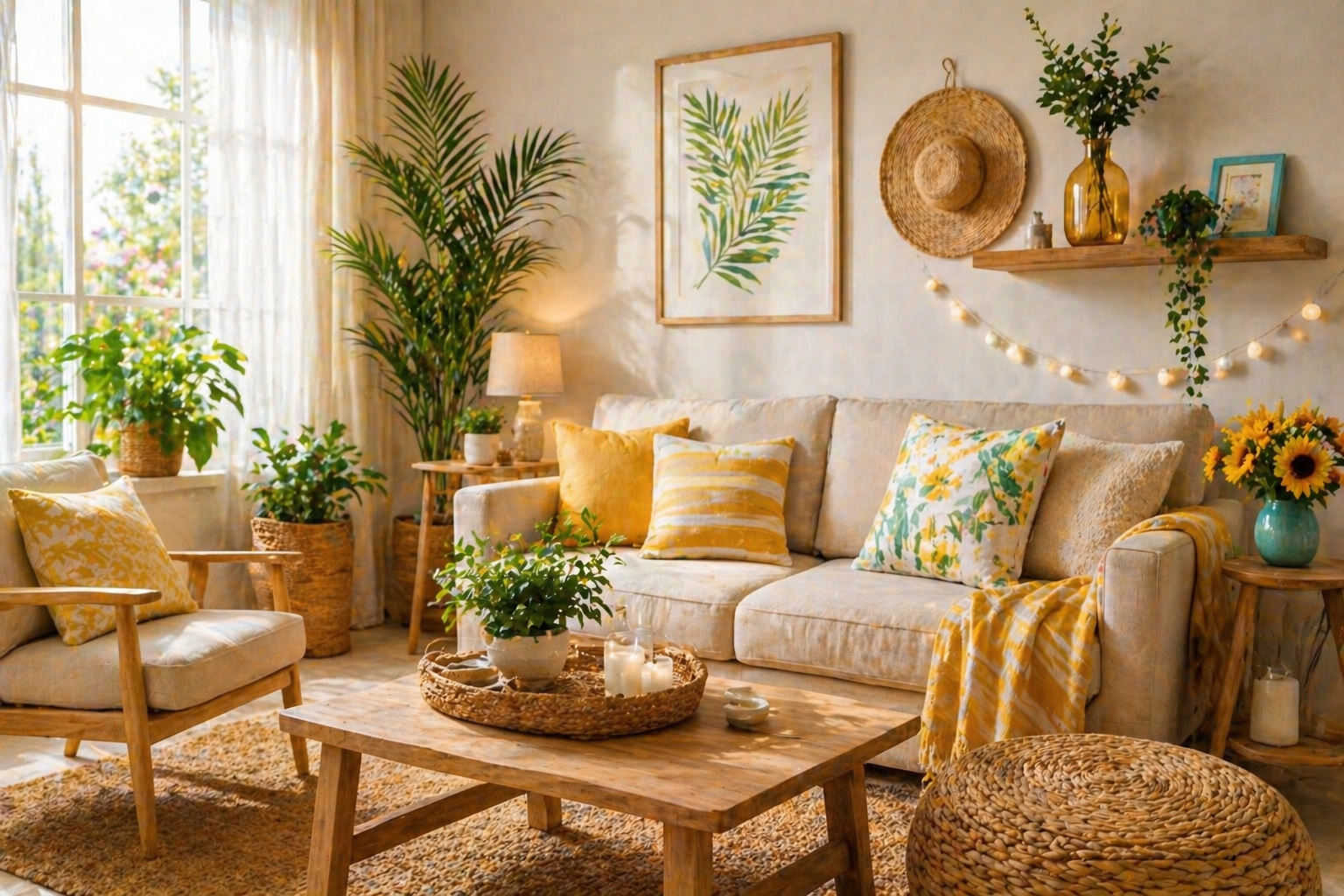 Bright budget-friendly summer living room with plants, light decor, and warm natural tones.